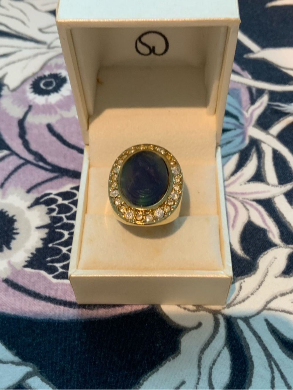 St John Gold-Tone Blue Intaglio Cocktail Ring w/Crystal Halo sz 6.5